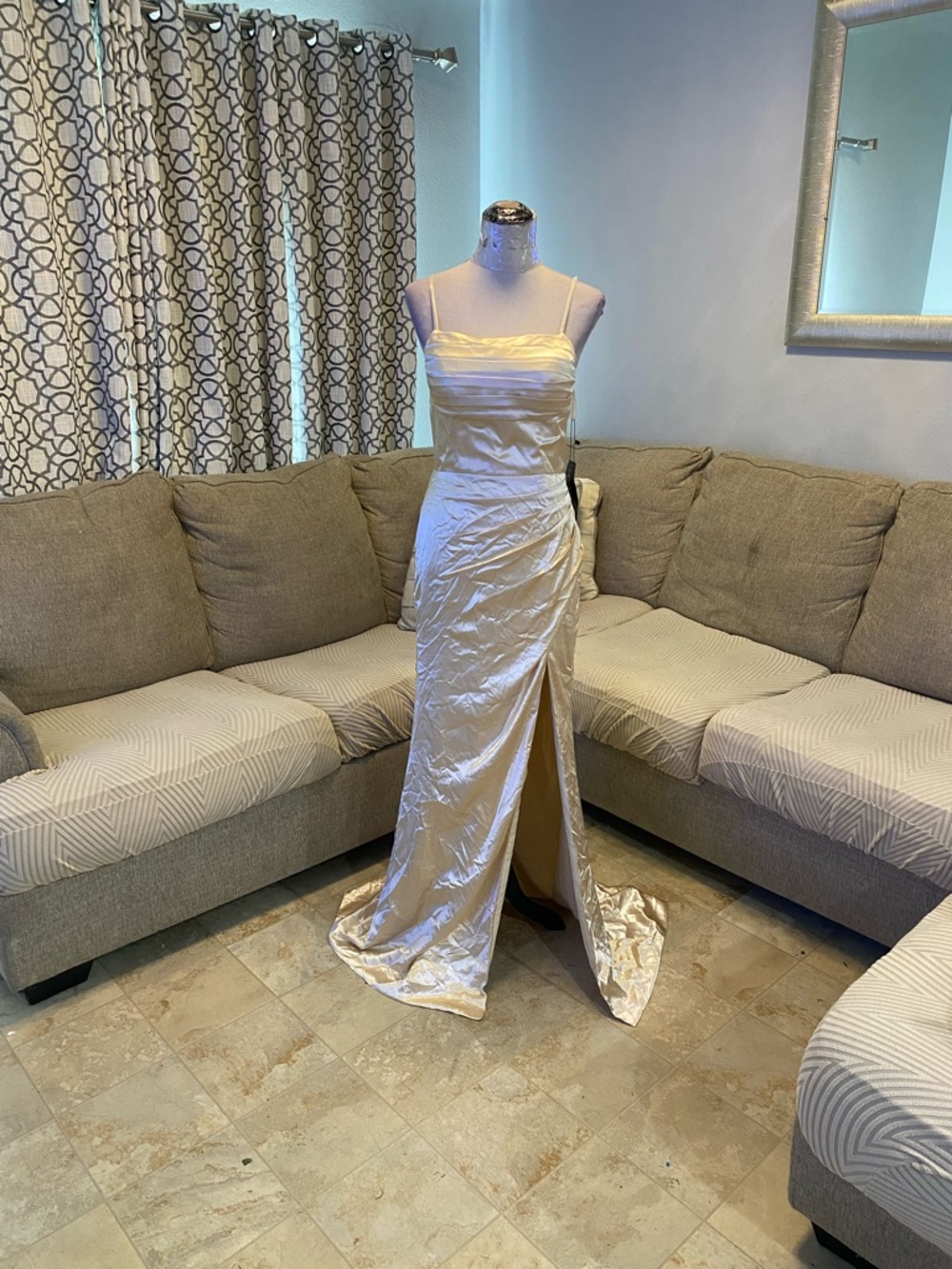 Amazon Ivory Strapless Satin Evening Dress with Side Slit